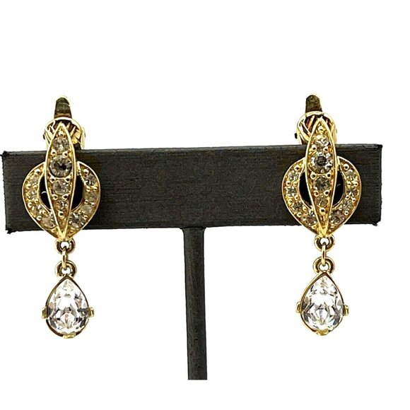Vintage TRIFARI Earrings Rhinestone Dangle Clip Dangle Earrings 1.5" - Picture 1 of 9